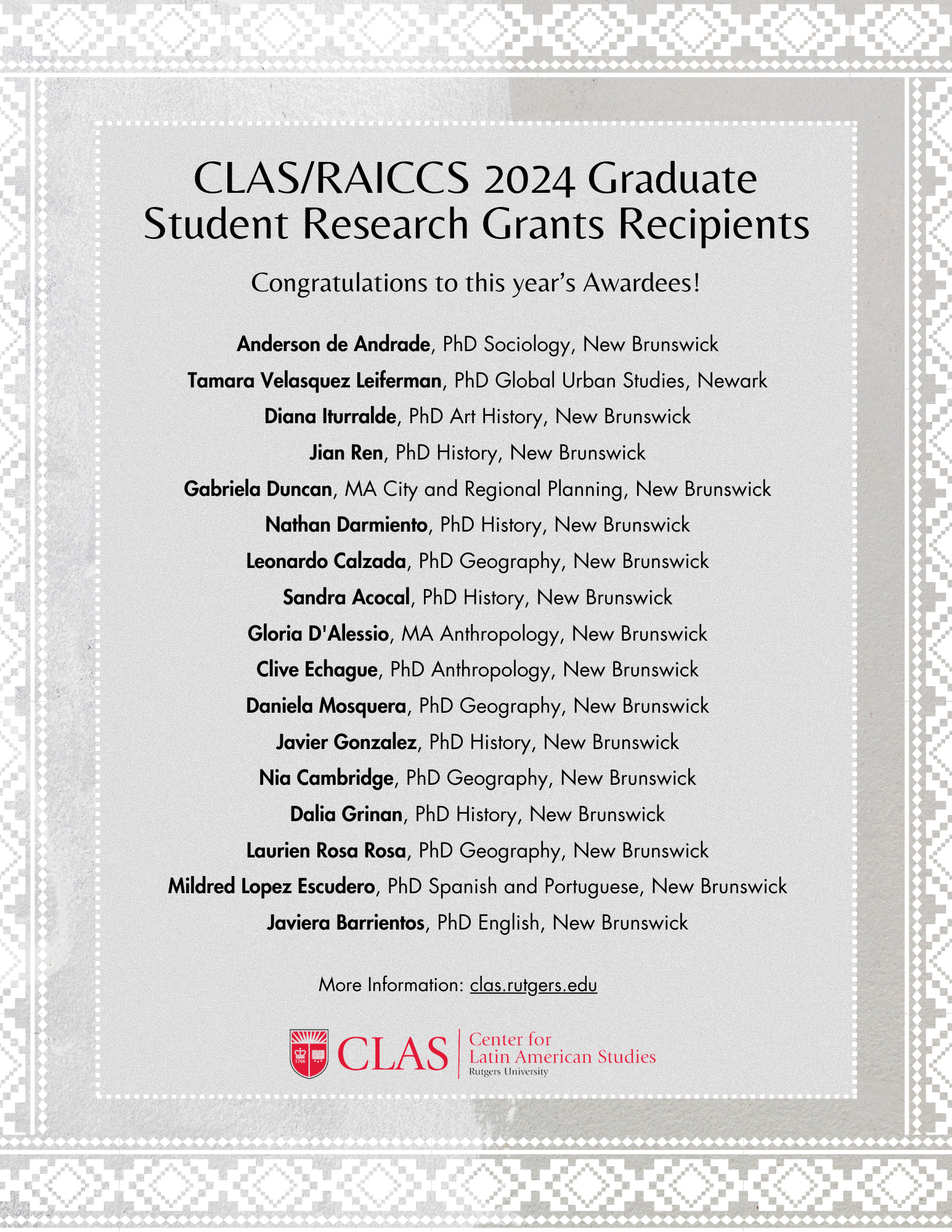 CLAS/RAICCS 2024 Graduate Student Research Grant Recipients