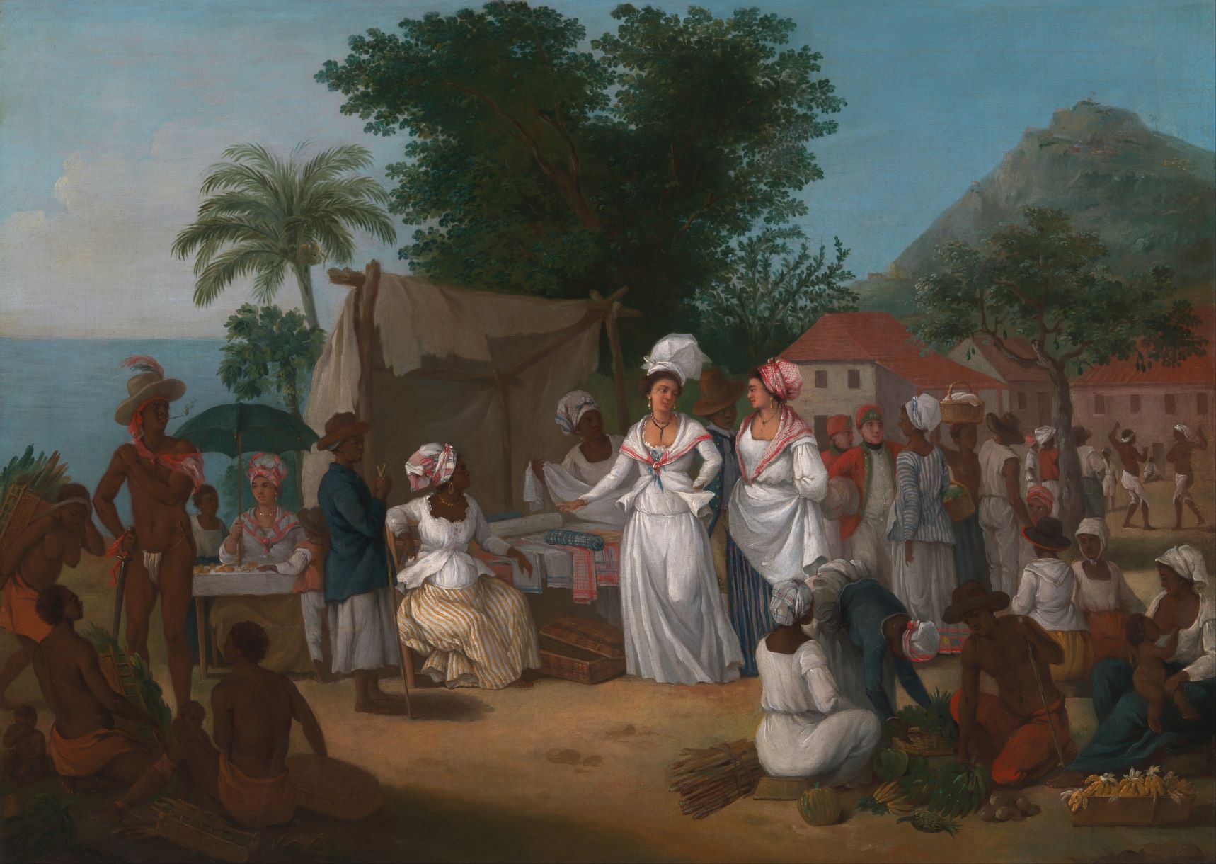 A Linen Market with a Linen Stall and Vegetable Seller in the West Indies